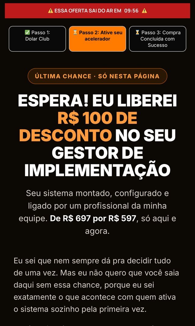 Página real do downsell do gestor